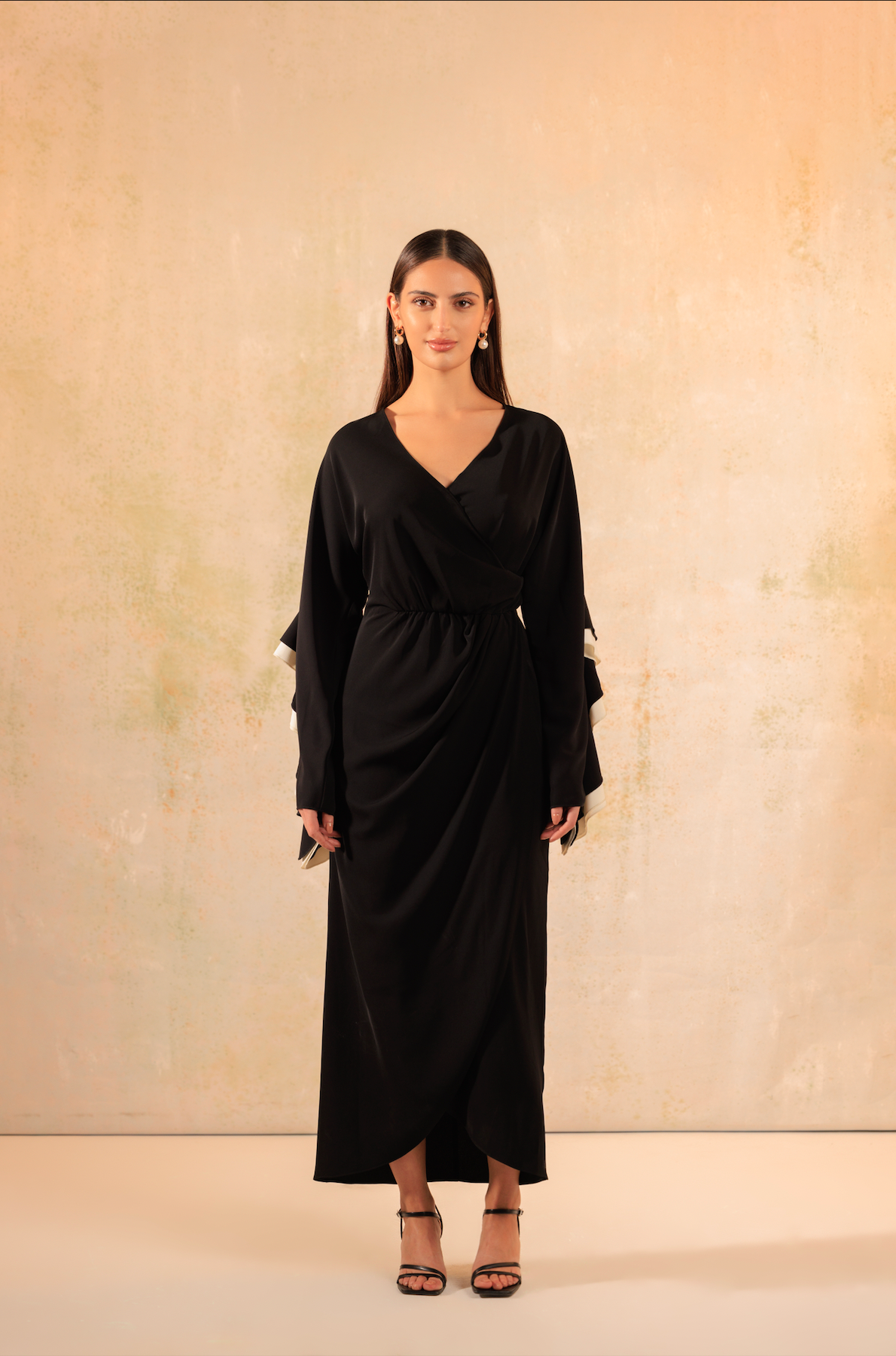 Black and White Wrap Crepe with Ruffled Sleeve Dress