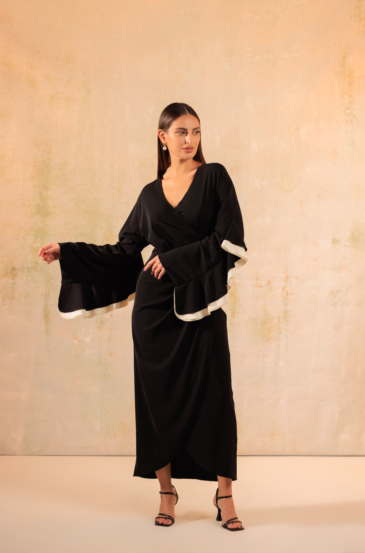 Black and White Wrap Crepe with Ruffled Sleeve Dress