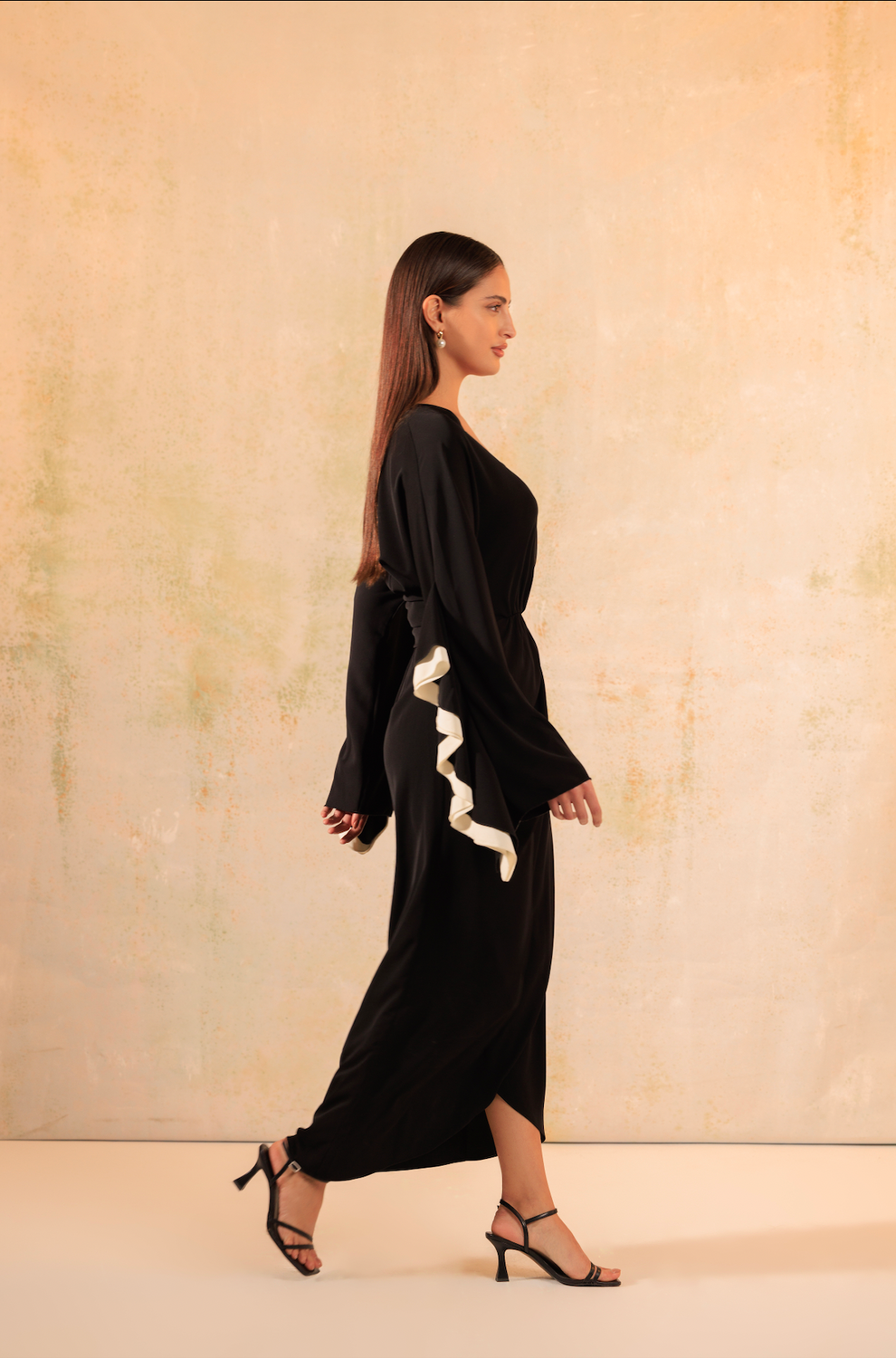 Black and White Wrap Crepe with Ruffled Sleeve Dress