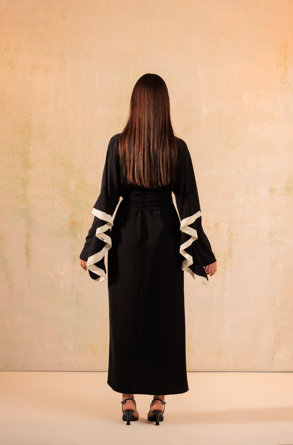 Black and White Wrap Crepe with Ruffled Sleeve Dress