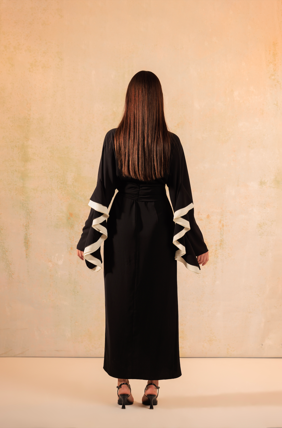 Black and White Wrap Crepe with Ruffled Sleeve Dress