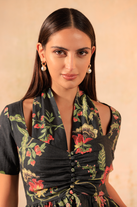 Black Floral Linen Dress