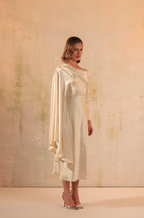 Cream Crinkled Satin Asymmetric Cape Sleeve Dress