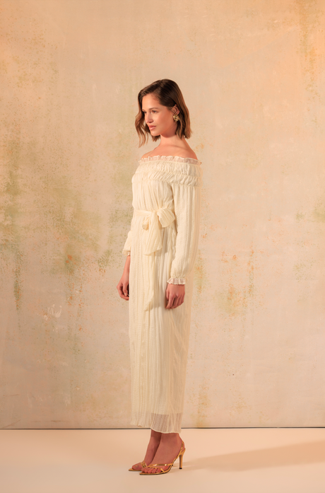 Cream Off-Shoulder Crinkled Chiffon Dress