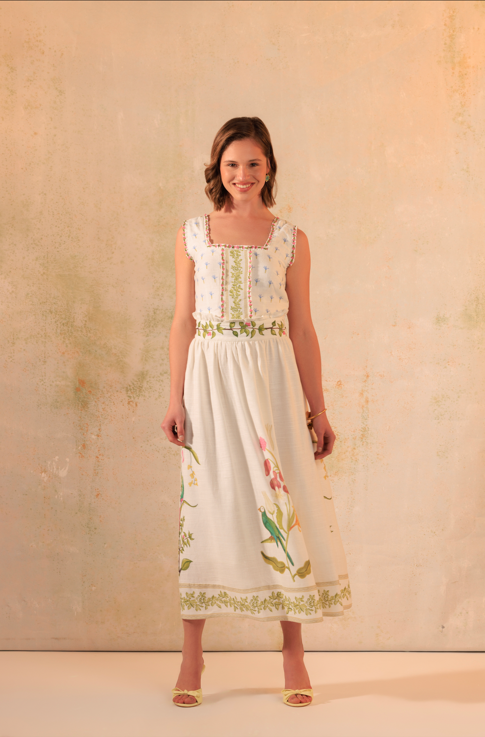 Tropical Harmony: Floral Placement Printed Linen Top & Midi Skirt Set