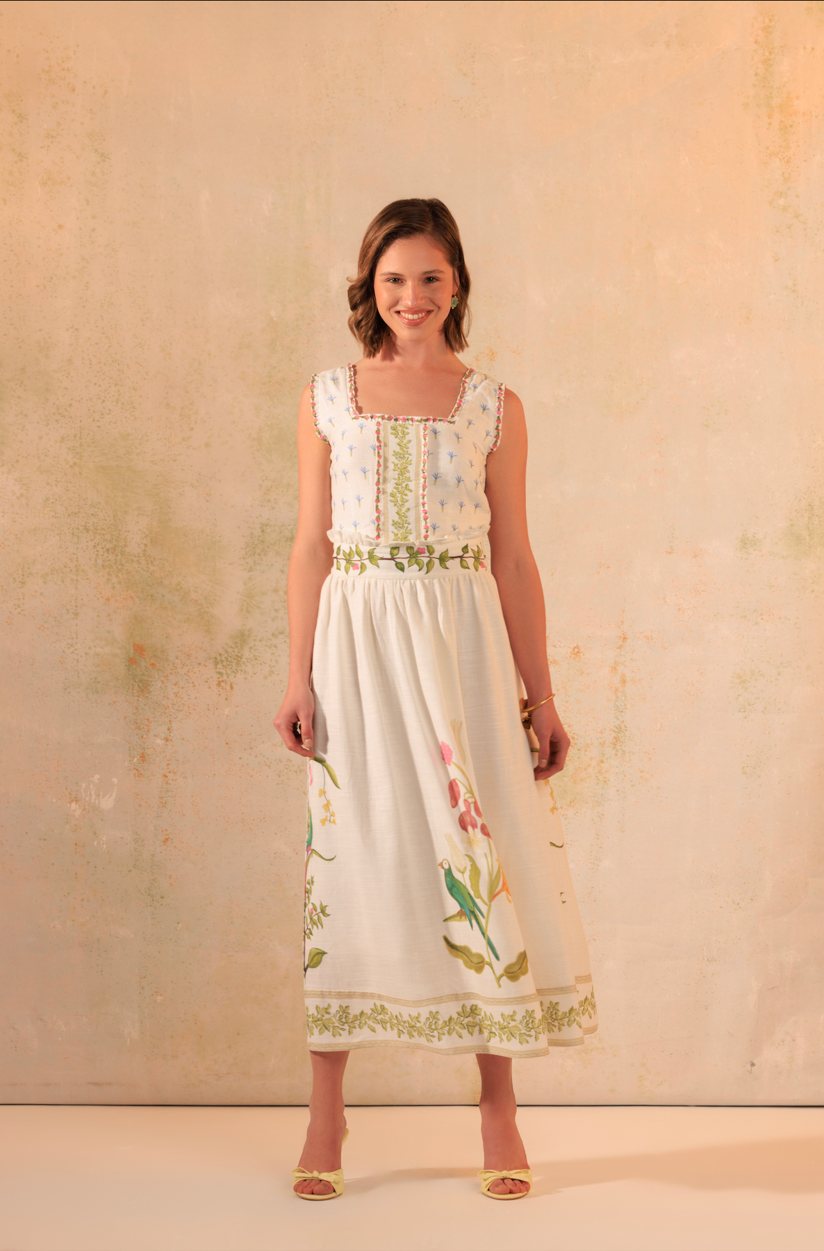 Tropical Harmony: Floral Placement Printed Linen Top & Midi Skirt Set