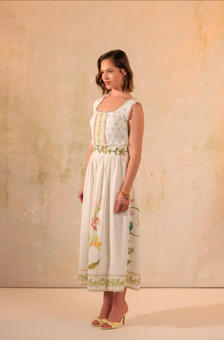 Tropical Harmony: Floral Placement Printed Linen Top & Midi Skirt Set