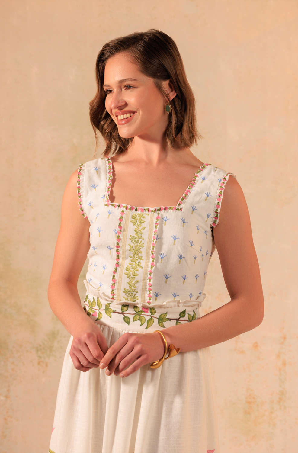 Tropical Harmony: Floral Placement Printed Linen Top & Midi Skirt Set