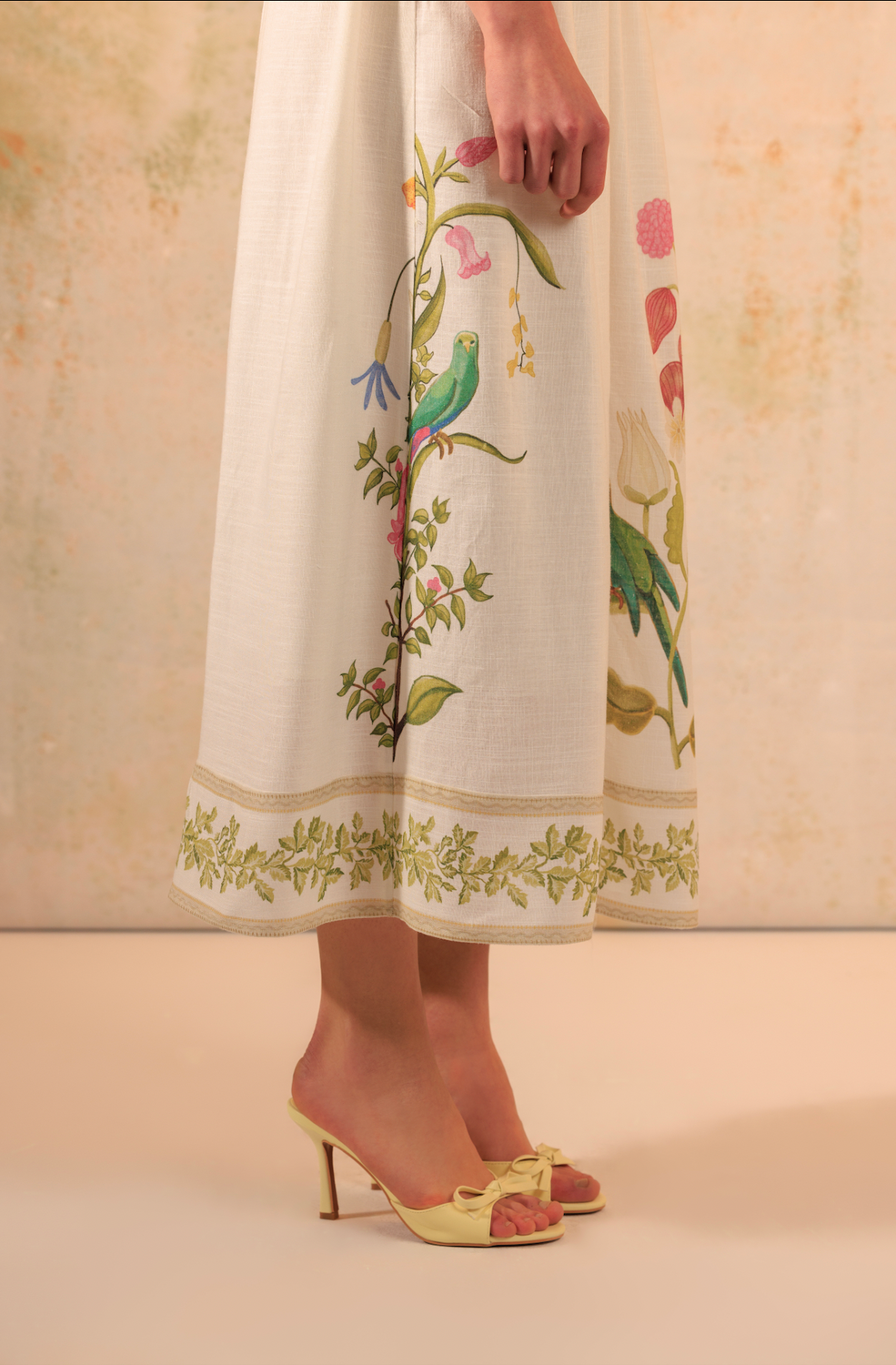 Tropical Harmony: Floral Placement Printed Linen Top & Midi Skirt Set