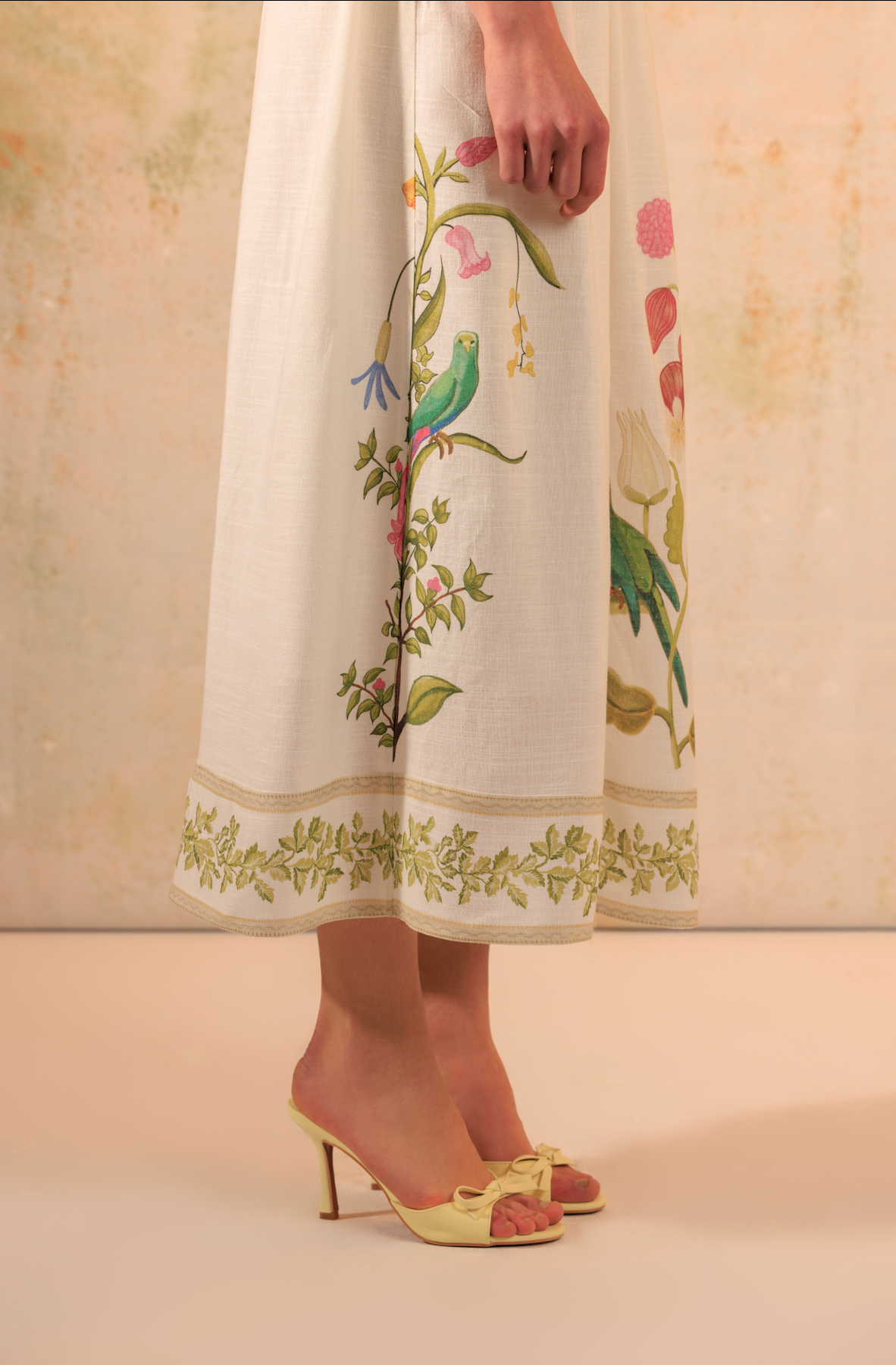 Tropical Harmony: Floral Placement Printed Linen Top & Midi Skirt Set