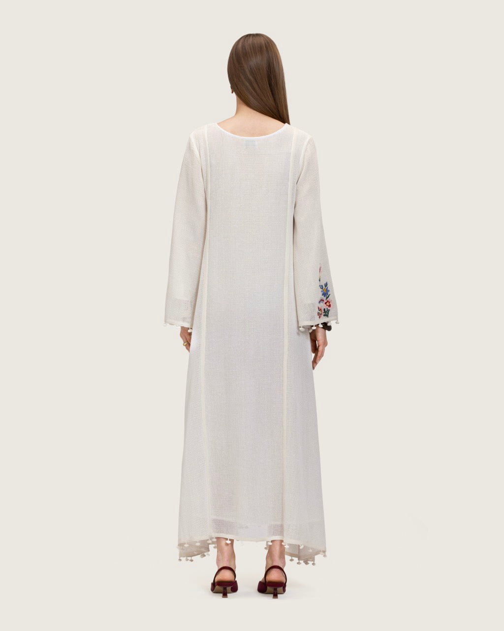 White Maxi Net Fabric Kaftan with Floral Embroidery