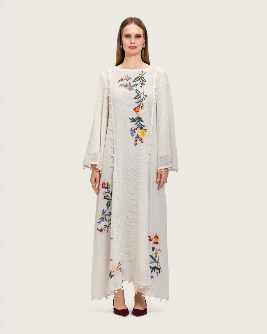 White Maxi Net Fabric Kaftan with Floral Embroidery