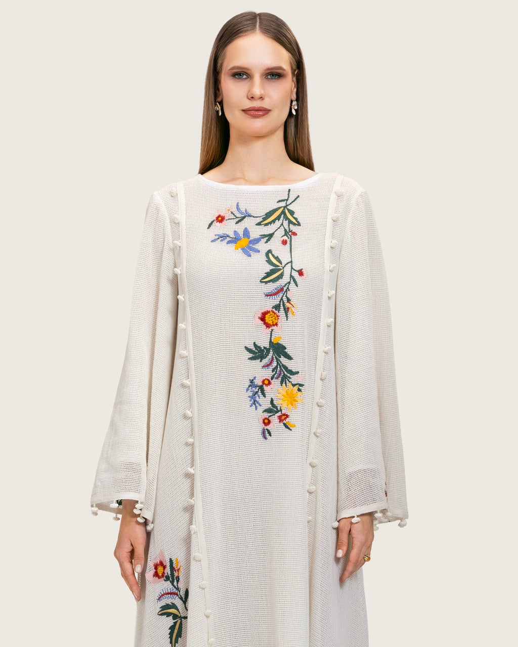 White Maxi Net Fabric Kaftan with Floral Embroidery