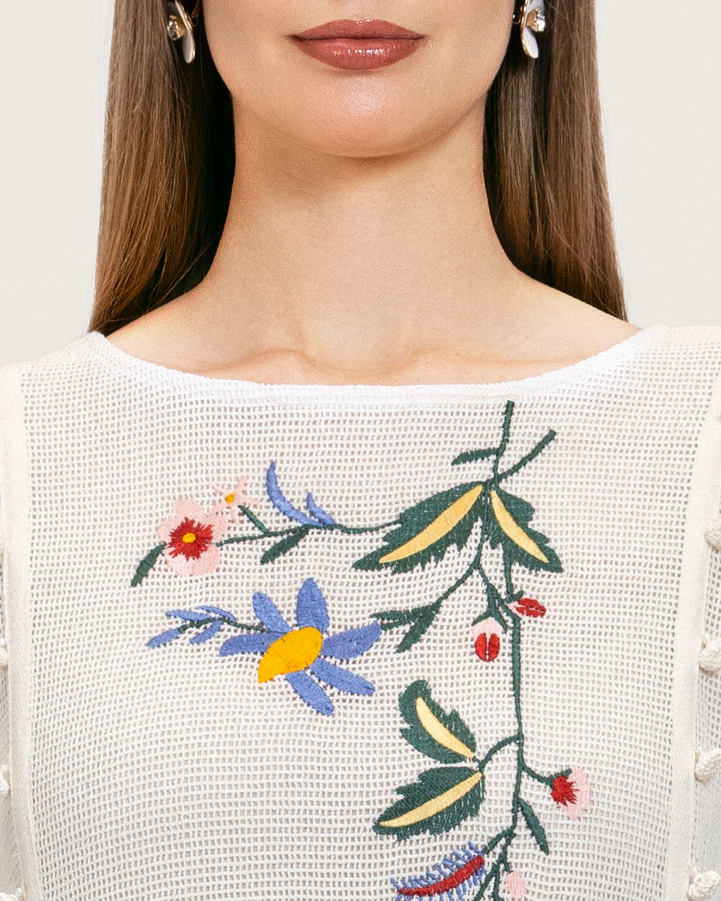 White Maxi Net Fabric Kaftan with Floral Embroidery