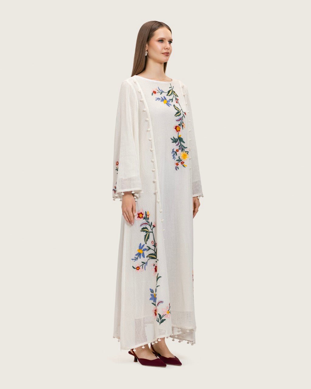 White Maxi Net Fabric Kaftan with Floral Embroidery