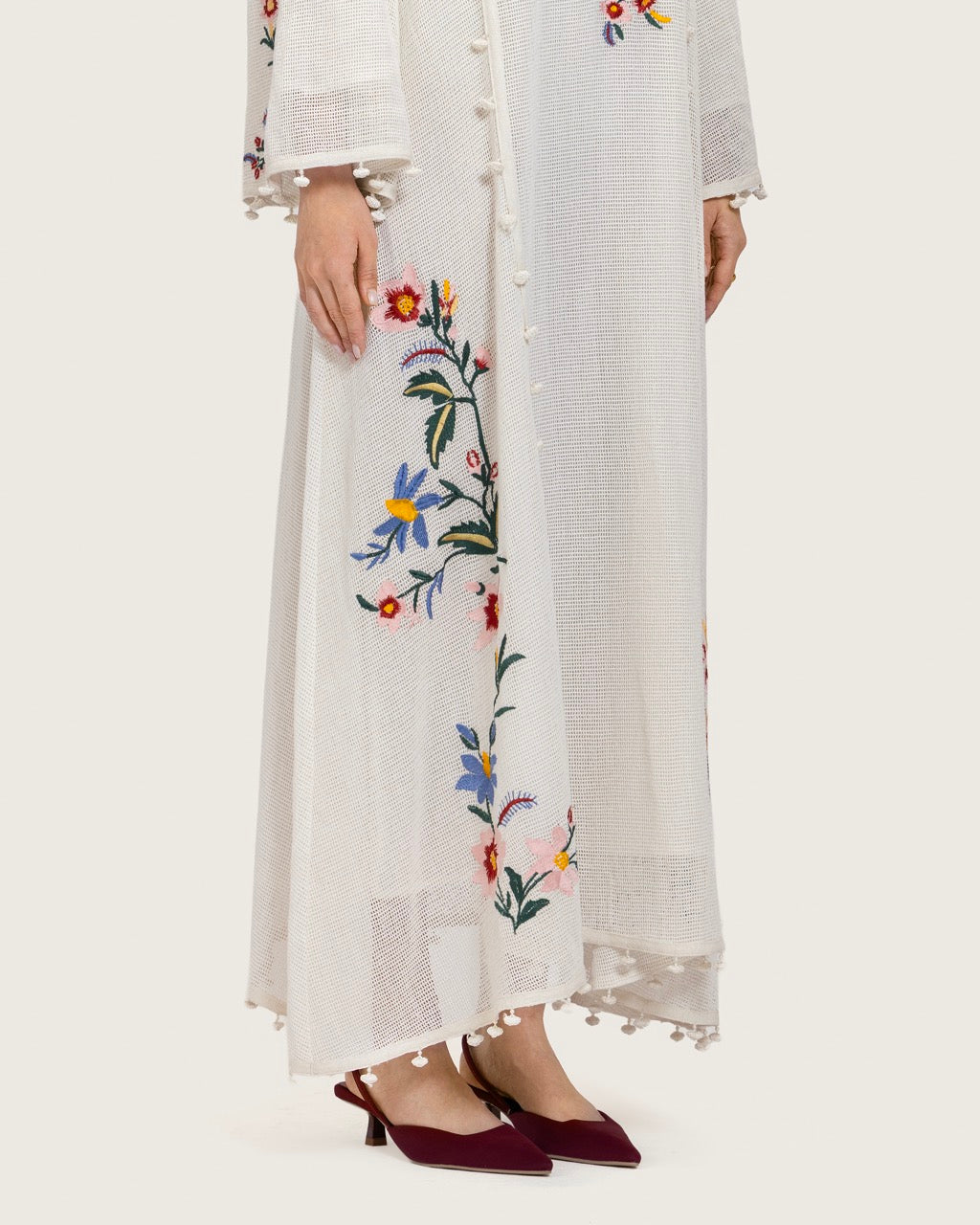 White Maxi Net Fabric Kaftan with Floral Embroidery