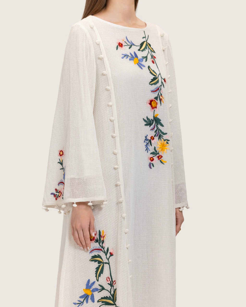 White Maxi Net Fabric Kaftan with Floral Embroidery