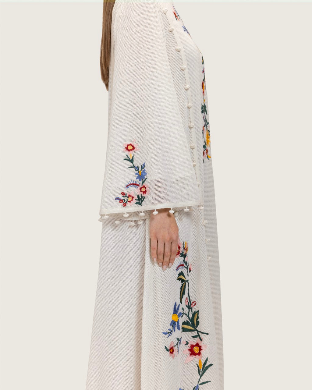 White Maxi Net Fabric Kaftan with Floral Embroidery