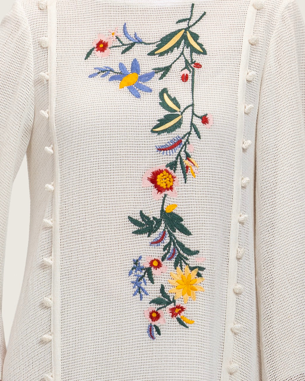 White Maxi Net Fabric Kaftan with Floral Embroidery