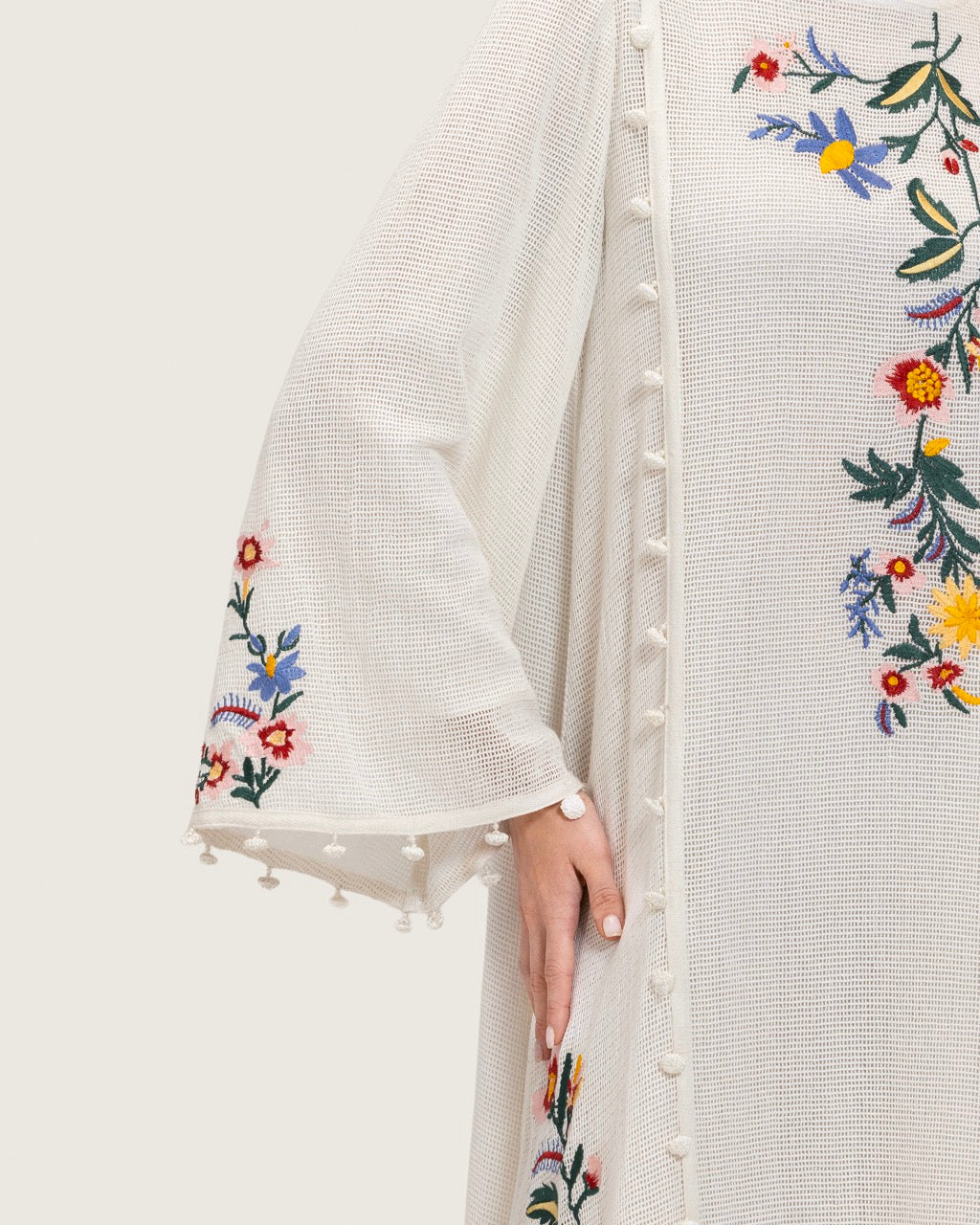 White Maxi Net Fabric Kaftan with Floral Embroidery