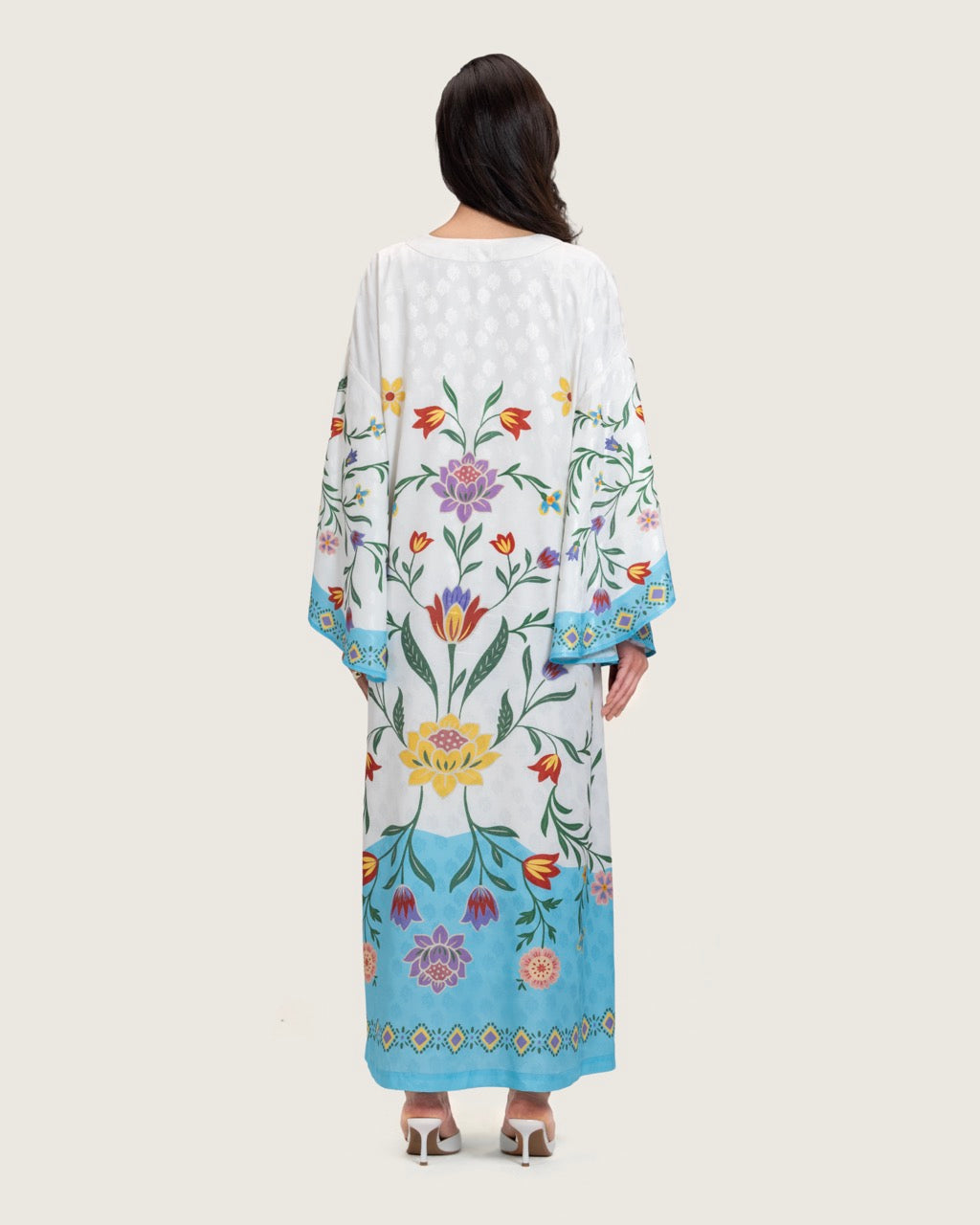 Floral Printed Kaftan Dress – White & Turquoise