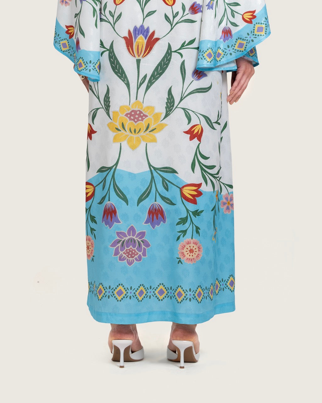 Floral Printed Kaftan Dress – White & Turquoise