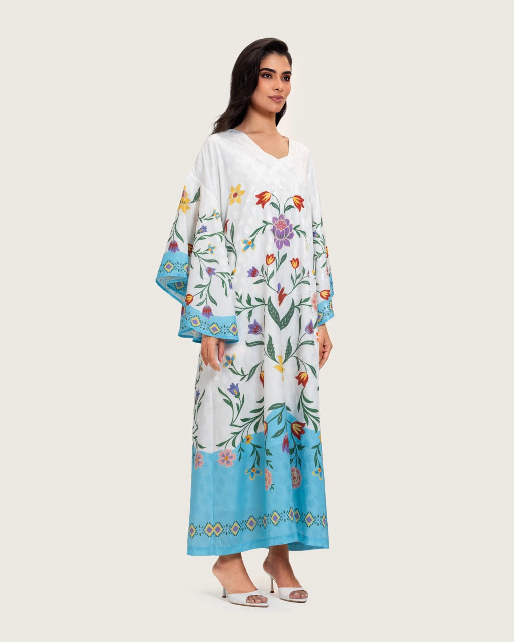 Floral Printed Kaftan Dress – White & Turquoise