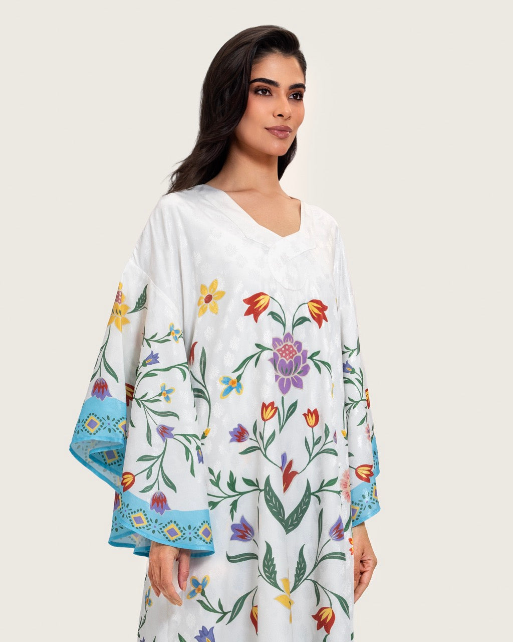 Floral Printed Kaftan Dress – White & Turquoise