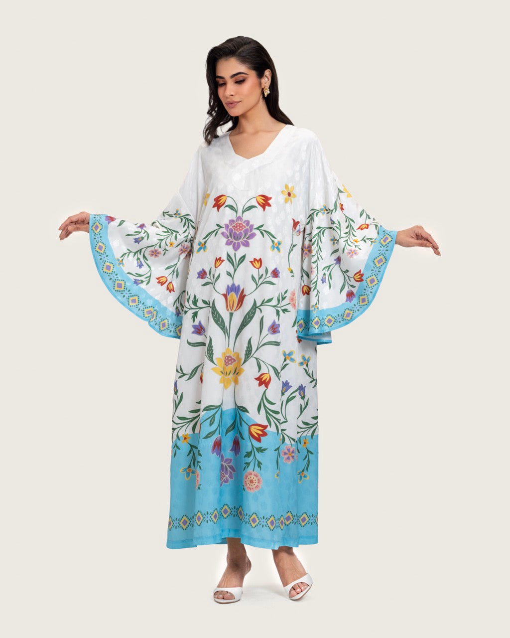 Floral Printed Kaftan Dress – White & Turquoise