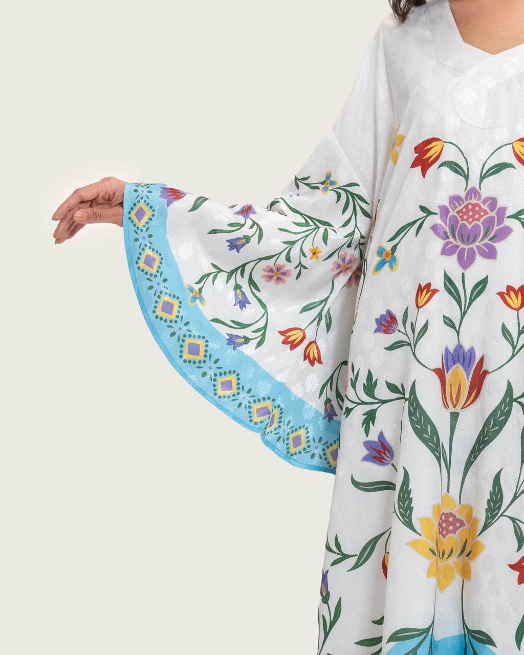 Floral Printed Kaftan Dress – White & Turquoise