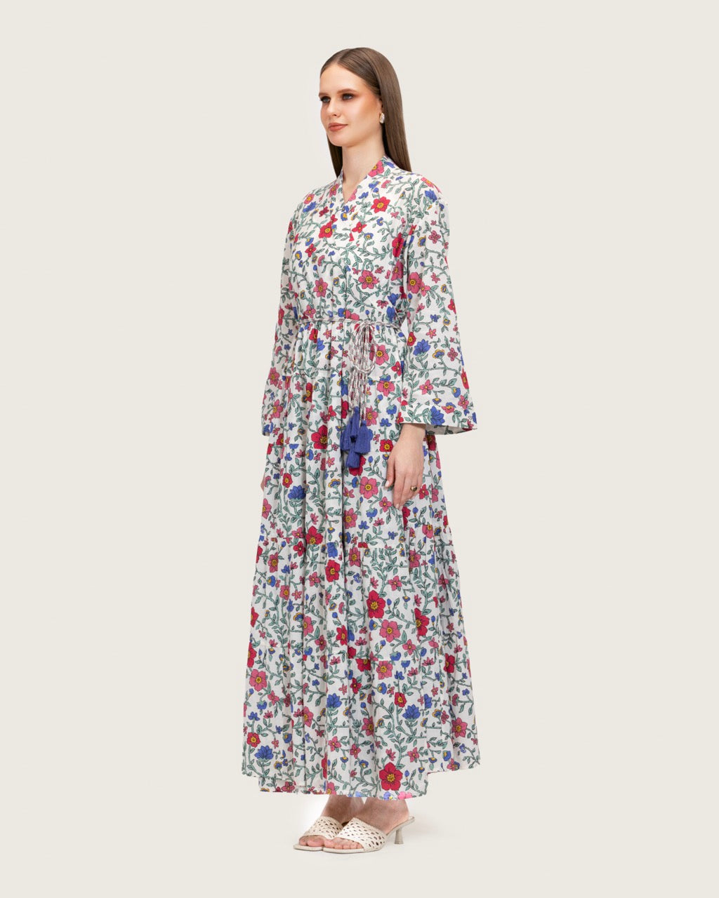 Floral Tiered Maxi Wrap Dress with Waist Tie Tassels