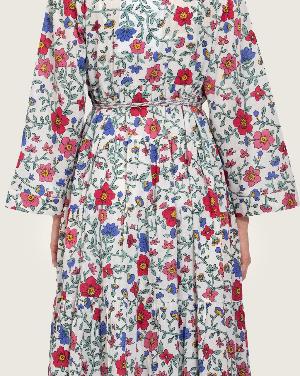 Floral Tiered Maxi Wrap Dress with Waist Tie Tassels