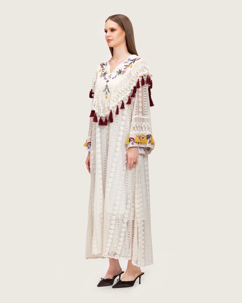 White Embroidered Lace Maxi Kaftan with Handmade Tassels