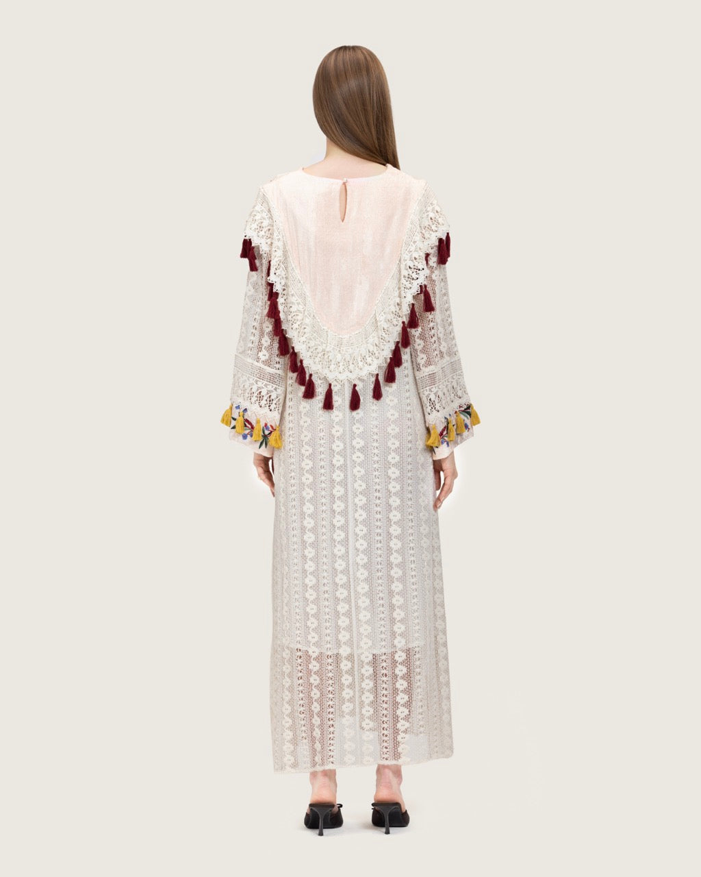 White Embroidered Lace Maxi Kaftan with Handmade Tassels