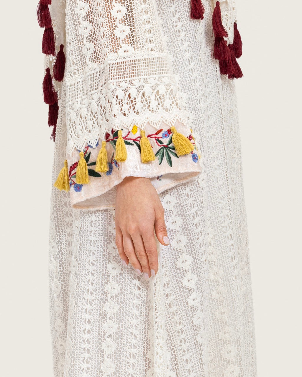 White Embroidered Lace Maxi Kaftan with Handmade Tassels