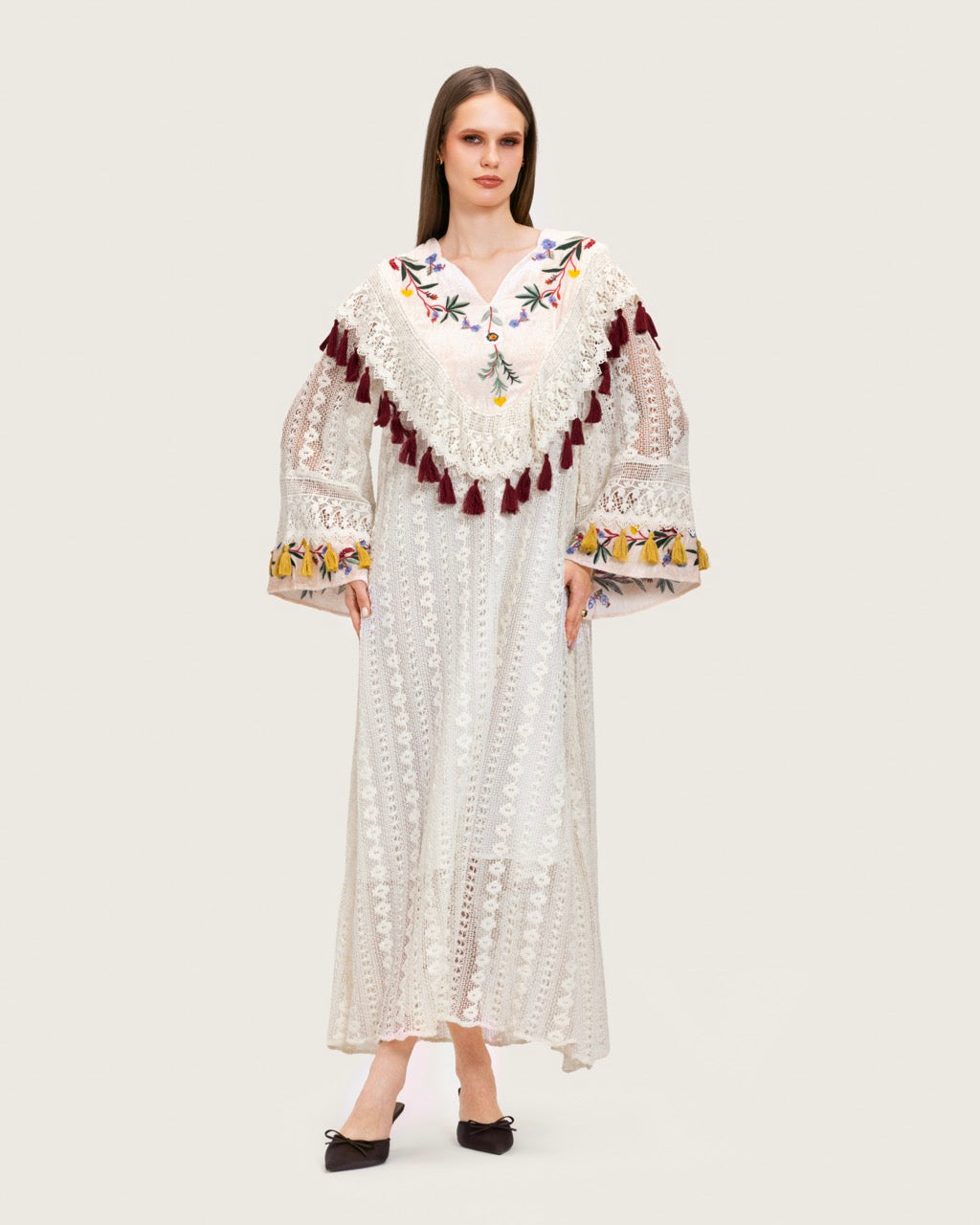 White Embroidered Lace Maxi Kaftan with Handmade Tassels