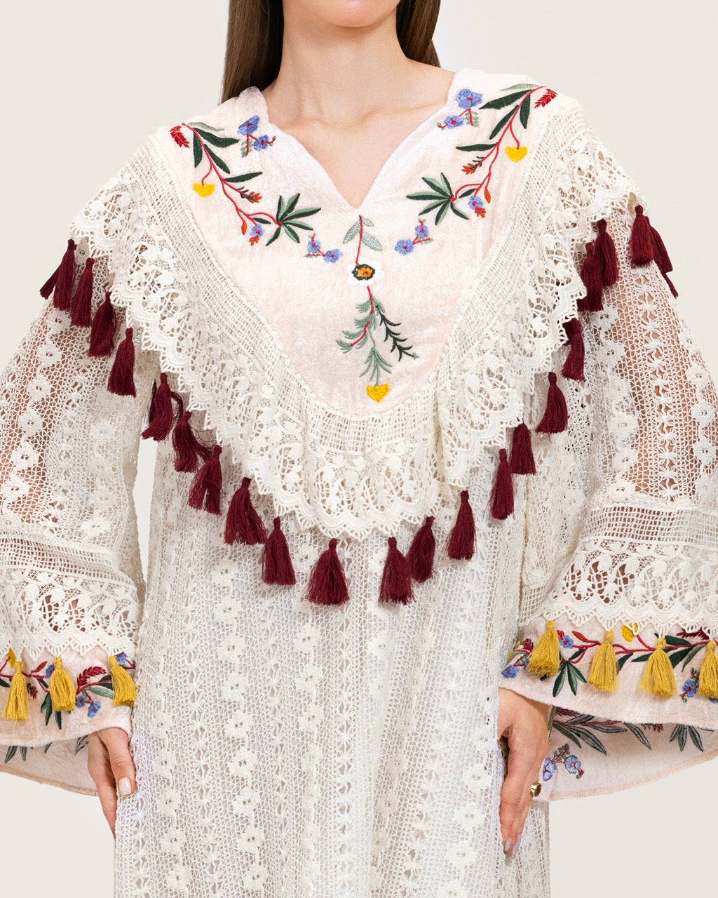 White Embroidered Lace Maxi Kaftan with Handmade Tassels