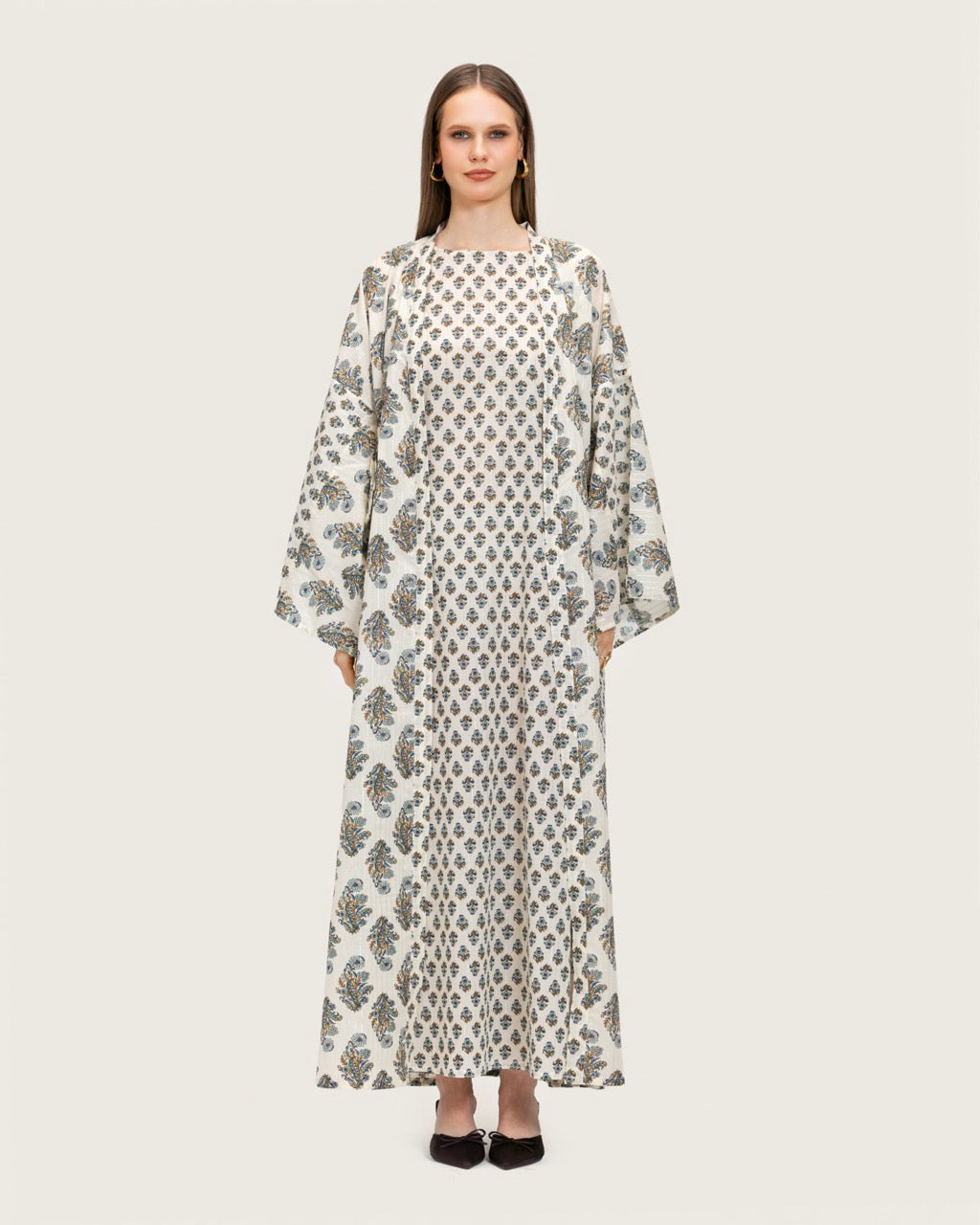 Printed Cotton Kimono Abaya Dress Set with Metalic Threads - Blue