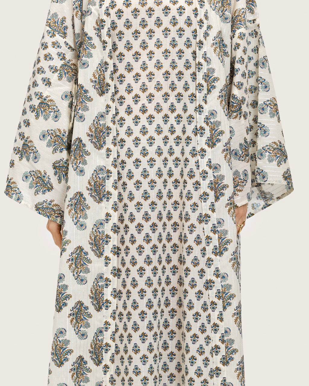 Printed Cotton Kimono Abaya Dress Set with Metalic Threads - Blue