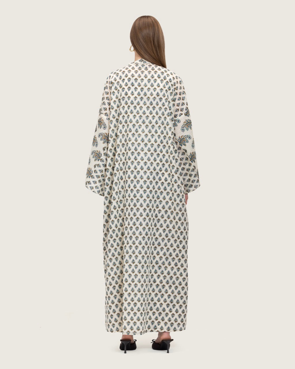 Printed Cotton Kimono Abaya Dress Set with Metalic Threads - Blue