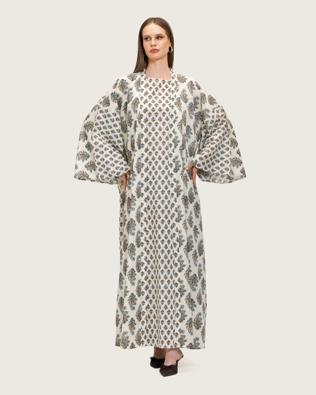 Printed Cotton Kimono Abaya Dress Set with Metalic Threads - Blue
