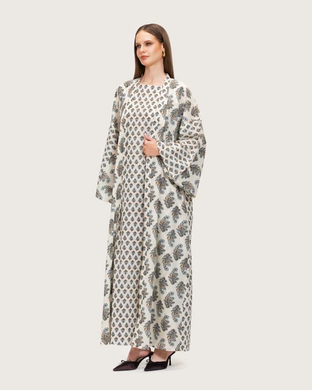 Printed Cotton Kimono Abaya Dress Set with Metalic Threads - Blue