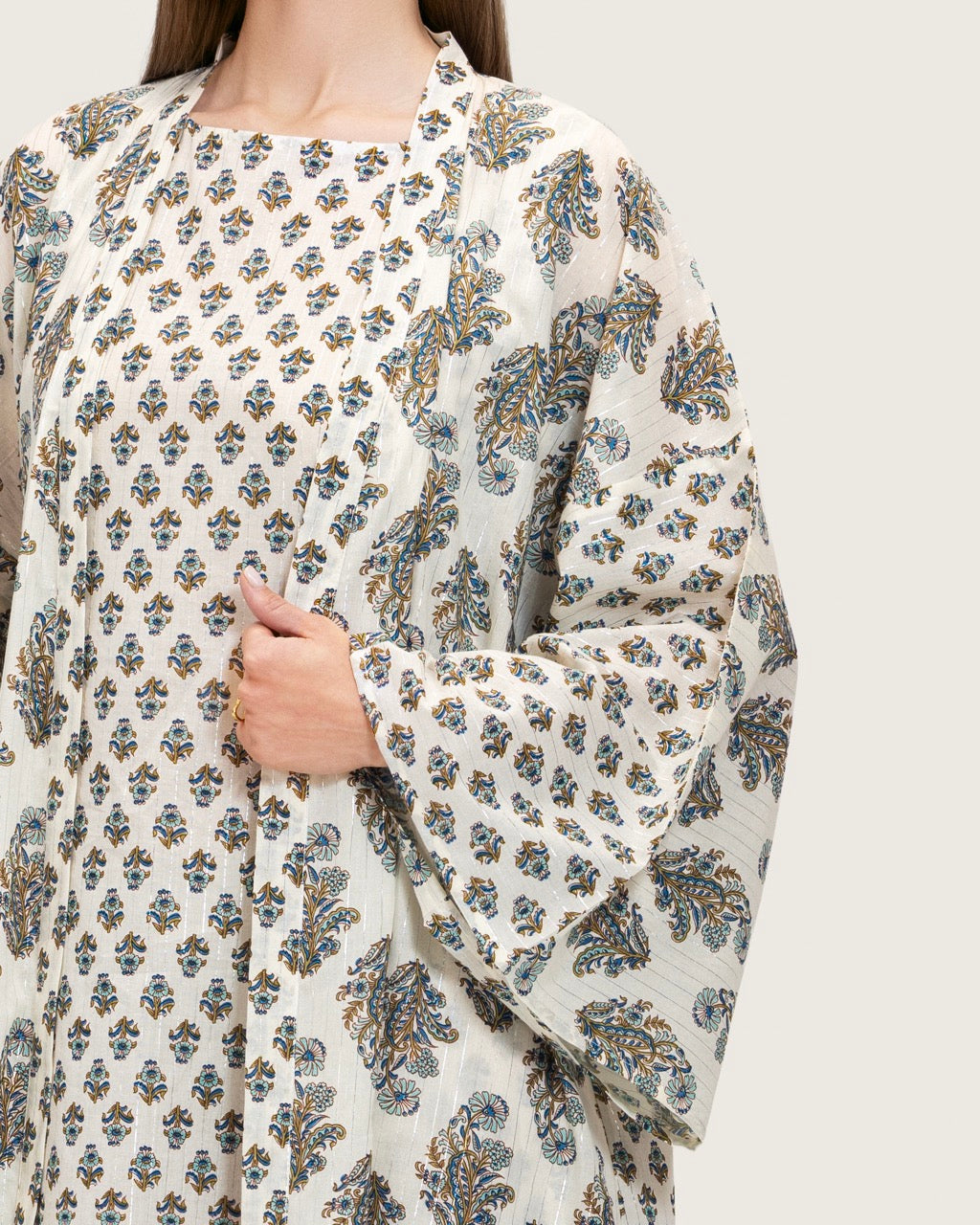 Printed Cotton Kimono Abaya Dress Set with Metalic Threads - Blue