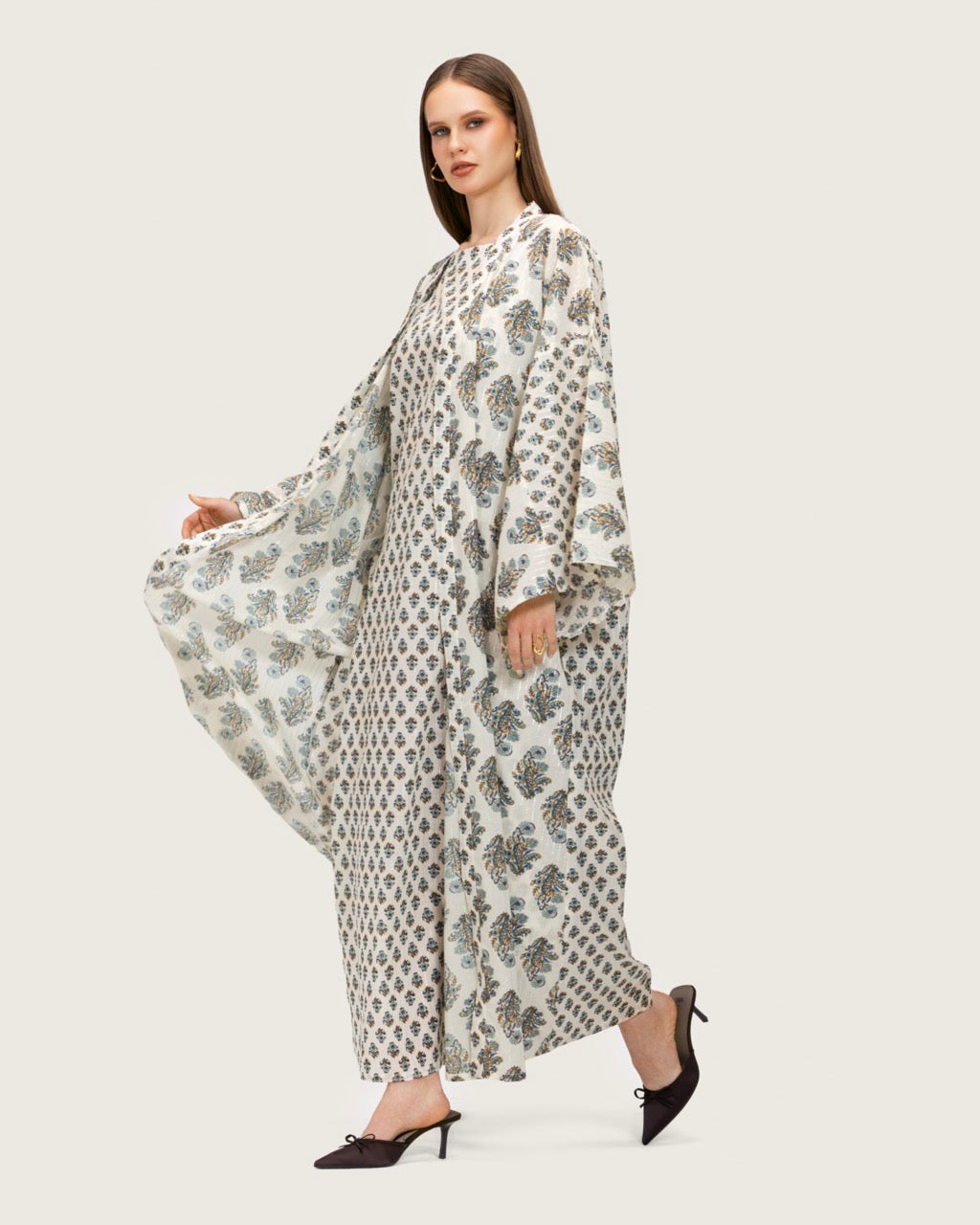 Printed Cotton Kimono Abaya Dress Set with Metalic Threads - Blue