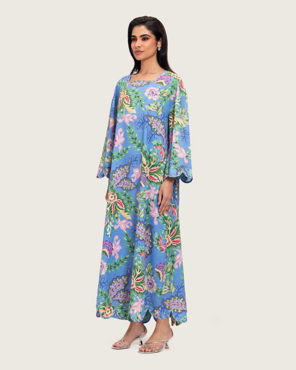 Blue Floral Maxi Dress with Square Neckline