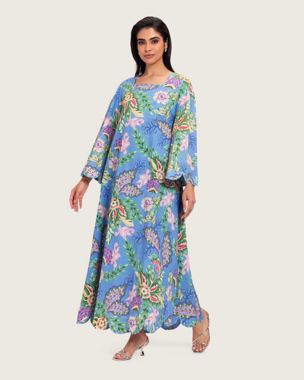 Blue Floral Maxi Dress with Square Neckline