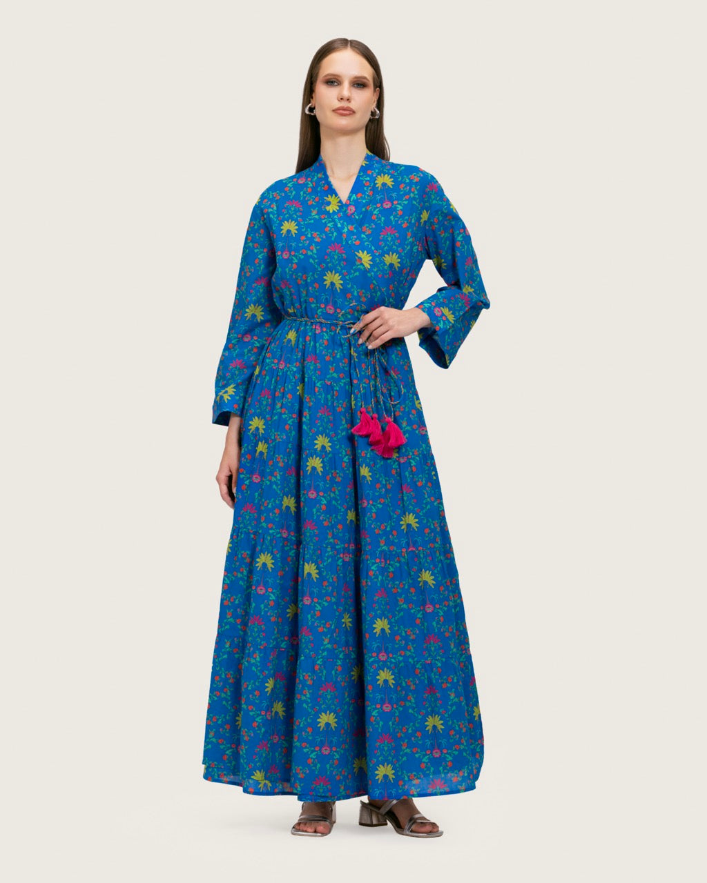 Blue Printed Maxi Wrap Dress with Belt & Tassel Details