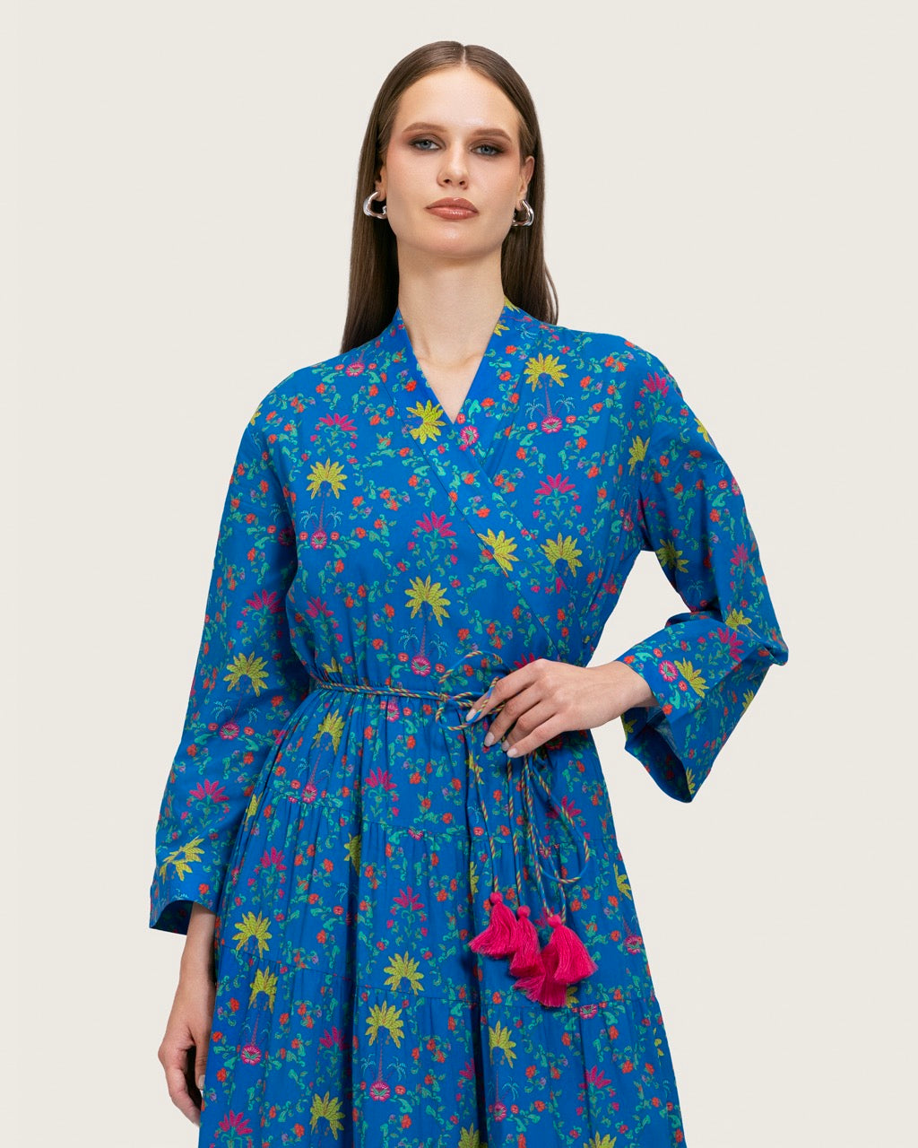 Blue Printed Maxi Wrap Dress with Belt & Tassel Details