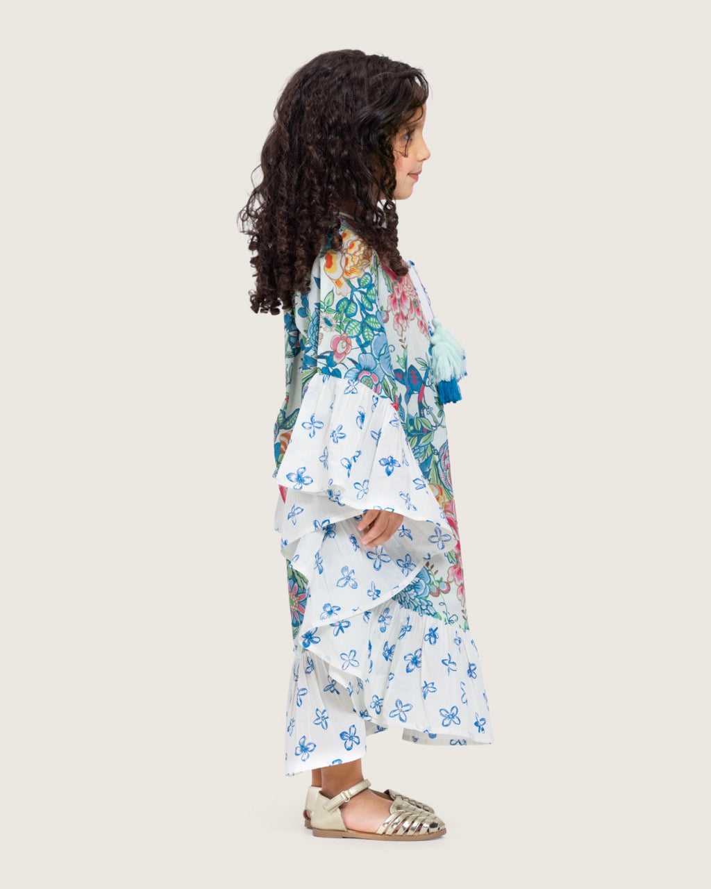 Girls Printed Kaftan with Flowy Silhouette and Sleeves - Blue