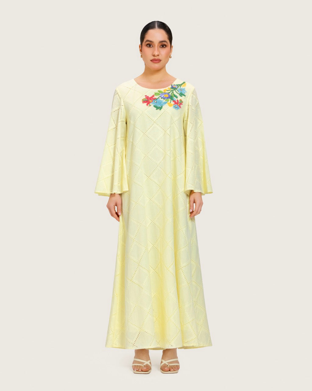 Loose Eyelet Cotton Dress with Handmade Beaded & Sequin Embellishments